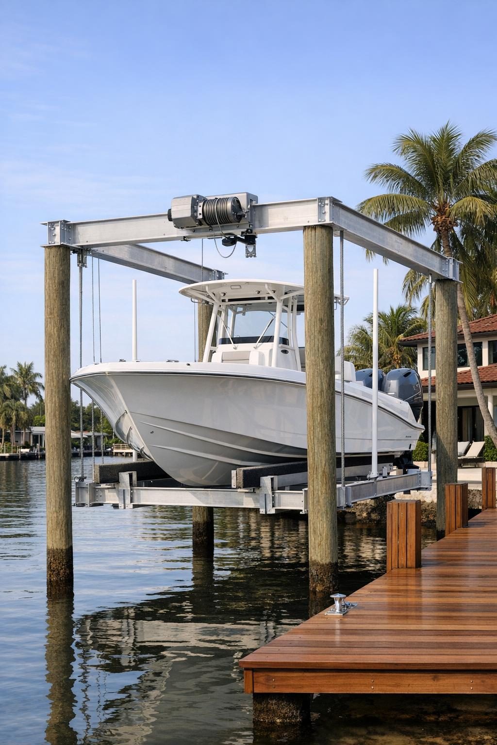 Boat raised on a boat lift beside a private dock